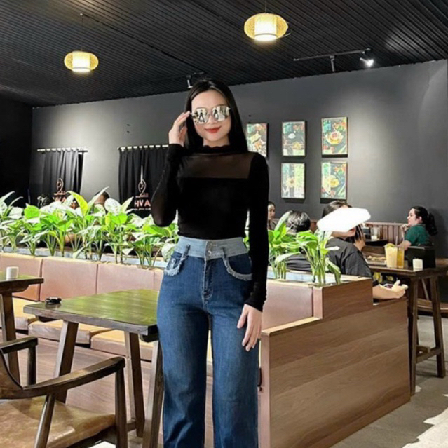 Áo loang màu lưới dài tay, Áo thun dài tay phối lưới, cổ voan thân trơn, màu đen tương phản