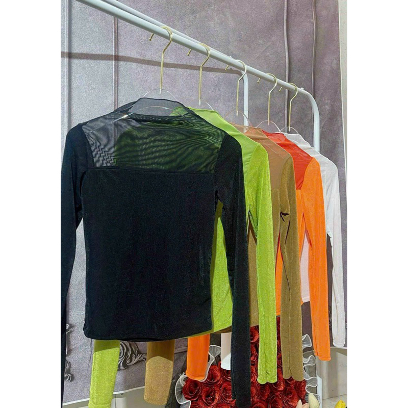 Áo loang màu lưới dài tay, Áo thun dài tay phối lưới, cổ voan thân trơn, màu đen tương phản