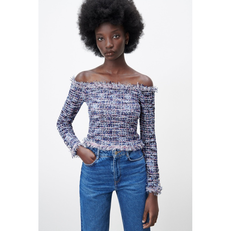 Áo tweed trễ vai ZARA size M