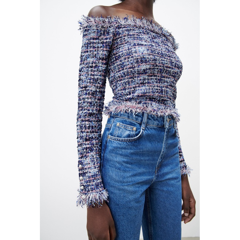 Áo tweed trễ vai ZARA size M