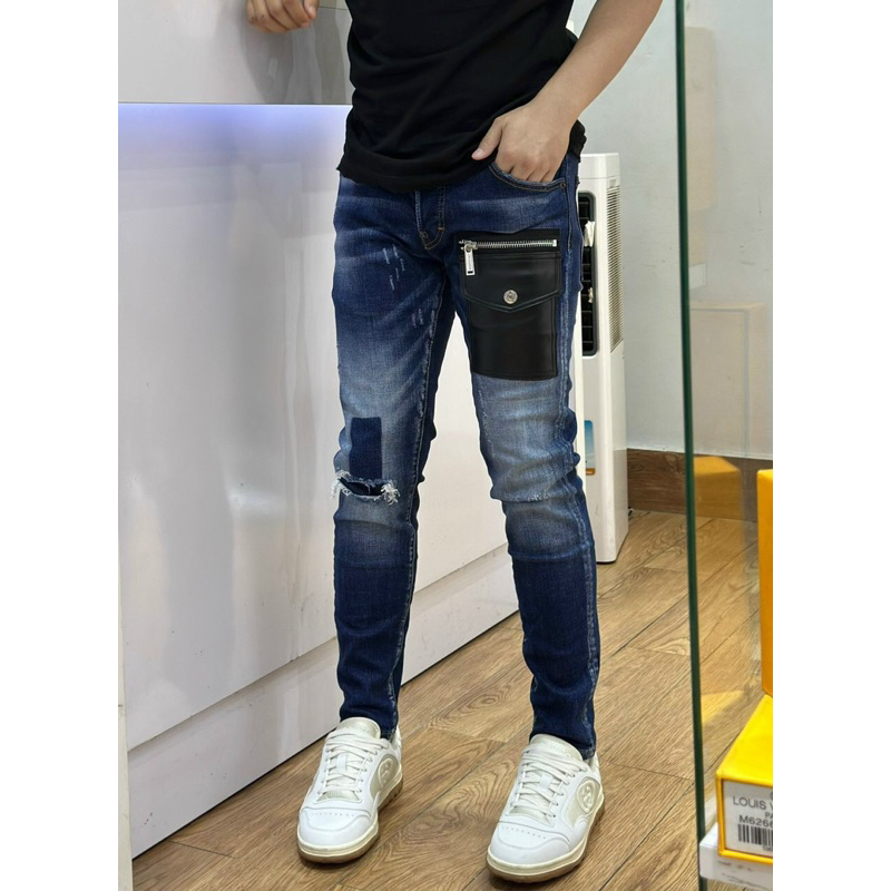 Quần Jeans Nam DSQ2 Xanh Thêu Túi Da - Quần Jeans Hot Trend Rách Nhẹ Gối