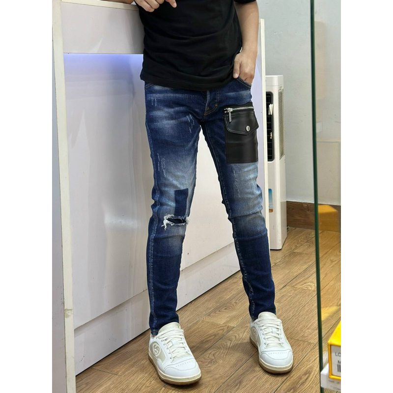 Quần Jeans Nam DSQ2 Xanh Thêu Túi Da - Quần Jeans Hot Trend Rách Nhẹ Gối