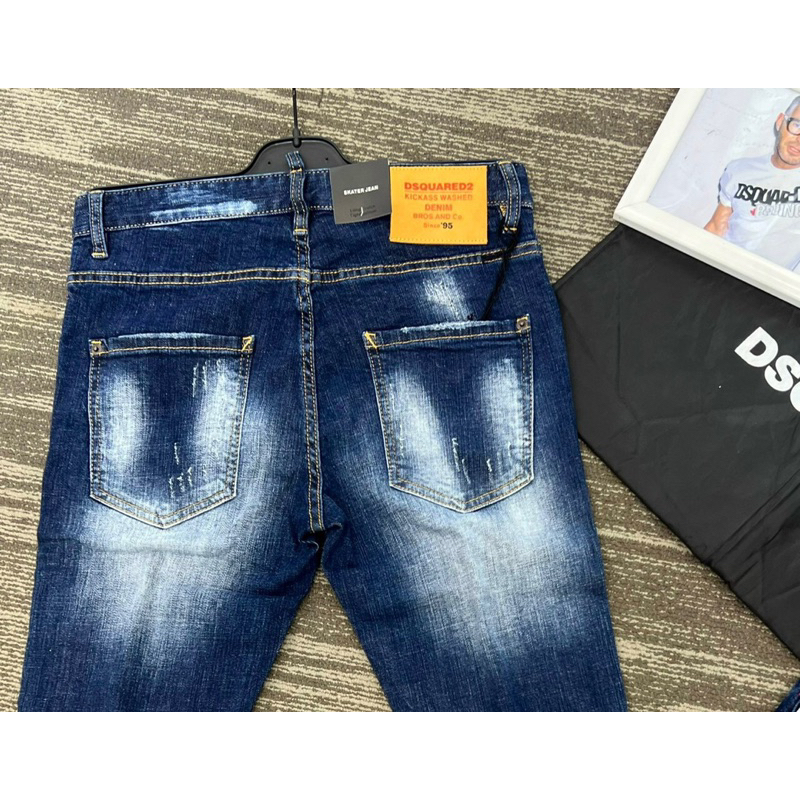 Quần Jeans Nam DSQ2 Xanh Thêu Túi Da - Quần Jeans Hot Trend Rách Nhẹ Gối