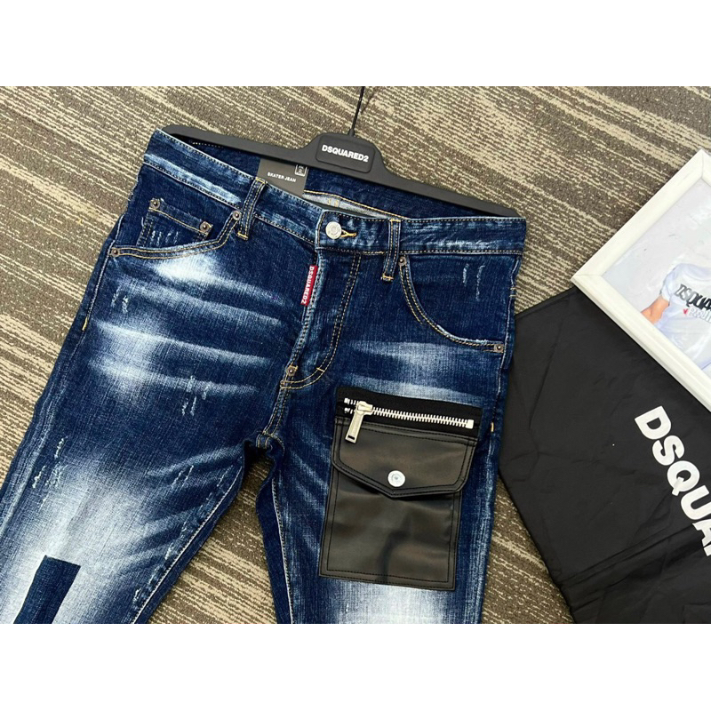 Quần Jeans Nam DSQ2 Xanh Thêu Túi Da - Quần Jeans Hot Trend Rách Nhẹ Gối