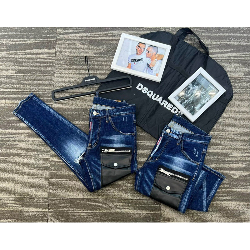 Quần Jeans Nam DSQ2 Xanh Thêu Túi Da - Quần Jeans Hot Trend Rách Nhẹ Gối