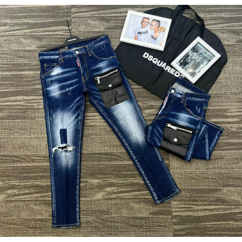 Quần Jeans Nam DSQ2 Xanh Thêu Túi Da - Quần Jeans Hot Trend Rách Nhẹ Gối
