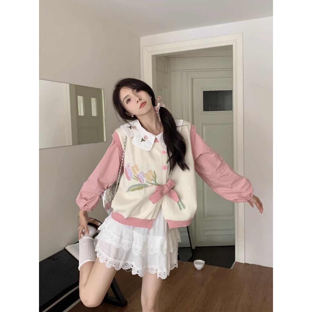 SET sơ mi hồng cổ hoa phối gile thắt nơ hoa xinh xắn hàng thiết kế QC fromXingXing
