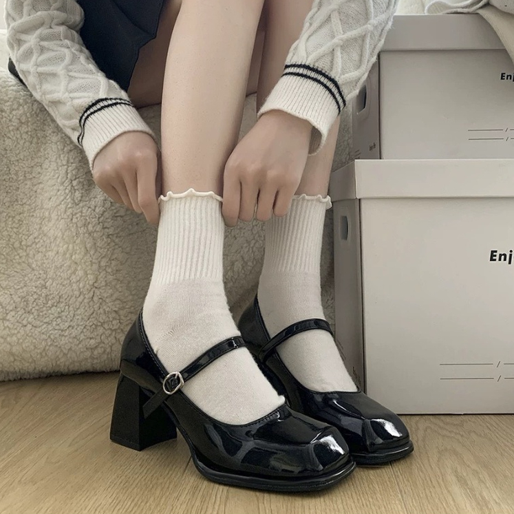 Giày cao gót tiểu thư Mary Jane mũi vuông da trơn có quai phong cách cổ điển 8 phân