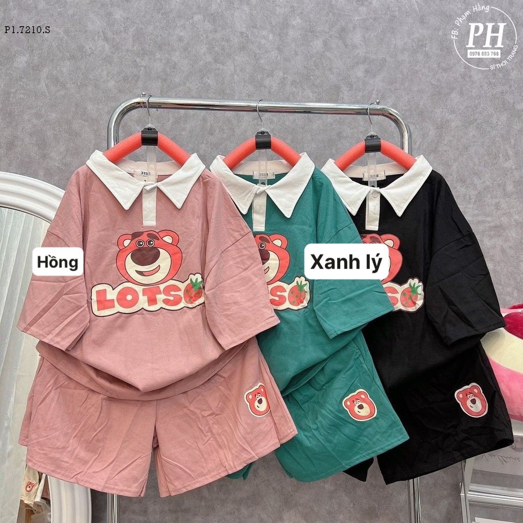 Bộ đùi 3158 Cổ Bẻ Gấu Hồng chất cotton khô fom rộng