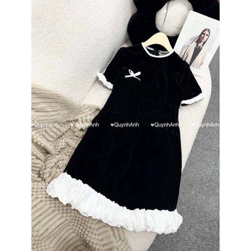 Váy nhung xuông chân trắng đính nơ tiểu thư