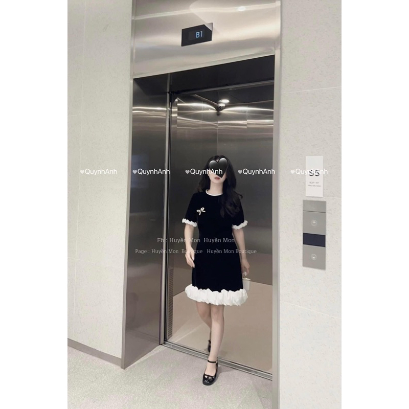 Váy nhung xuông chân trắng đính nơ tiểu thư