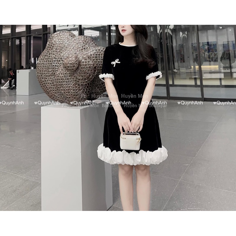 Váy nhung xuông chân trắng đính nơ tiểu thư