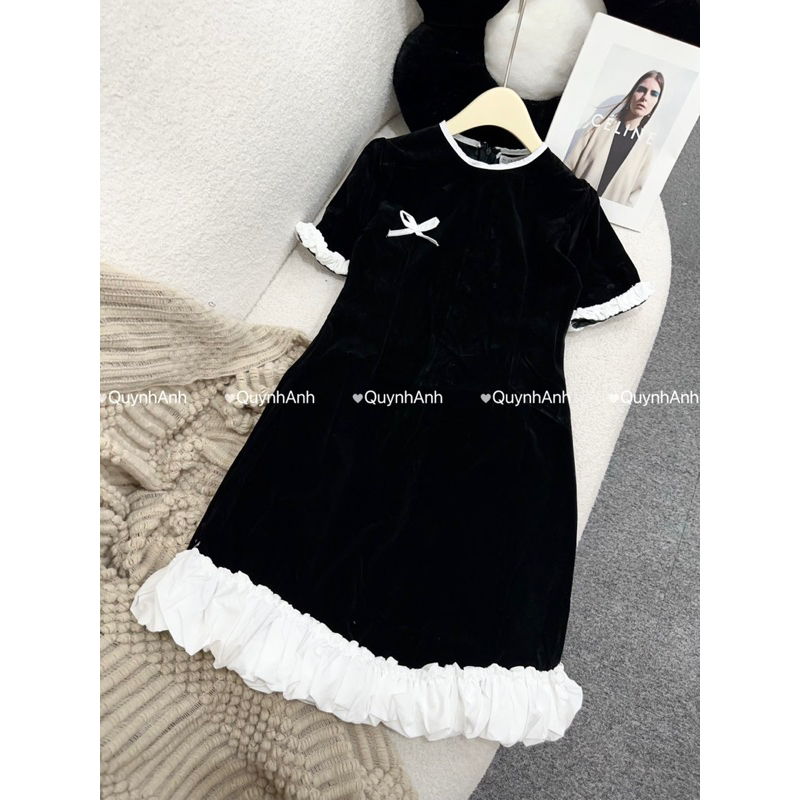 Váy nhung xuông chân trắng đính nơ tiểu thư