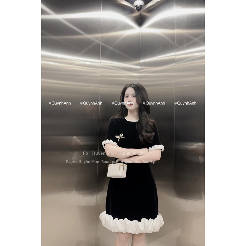 Váy nhung xuông chân trắng đính nơ tiểu thư