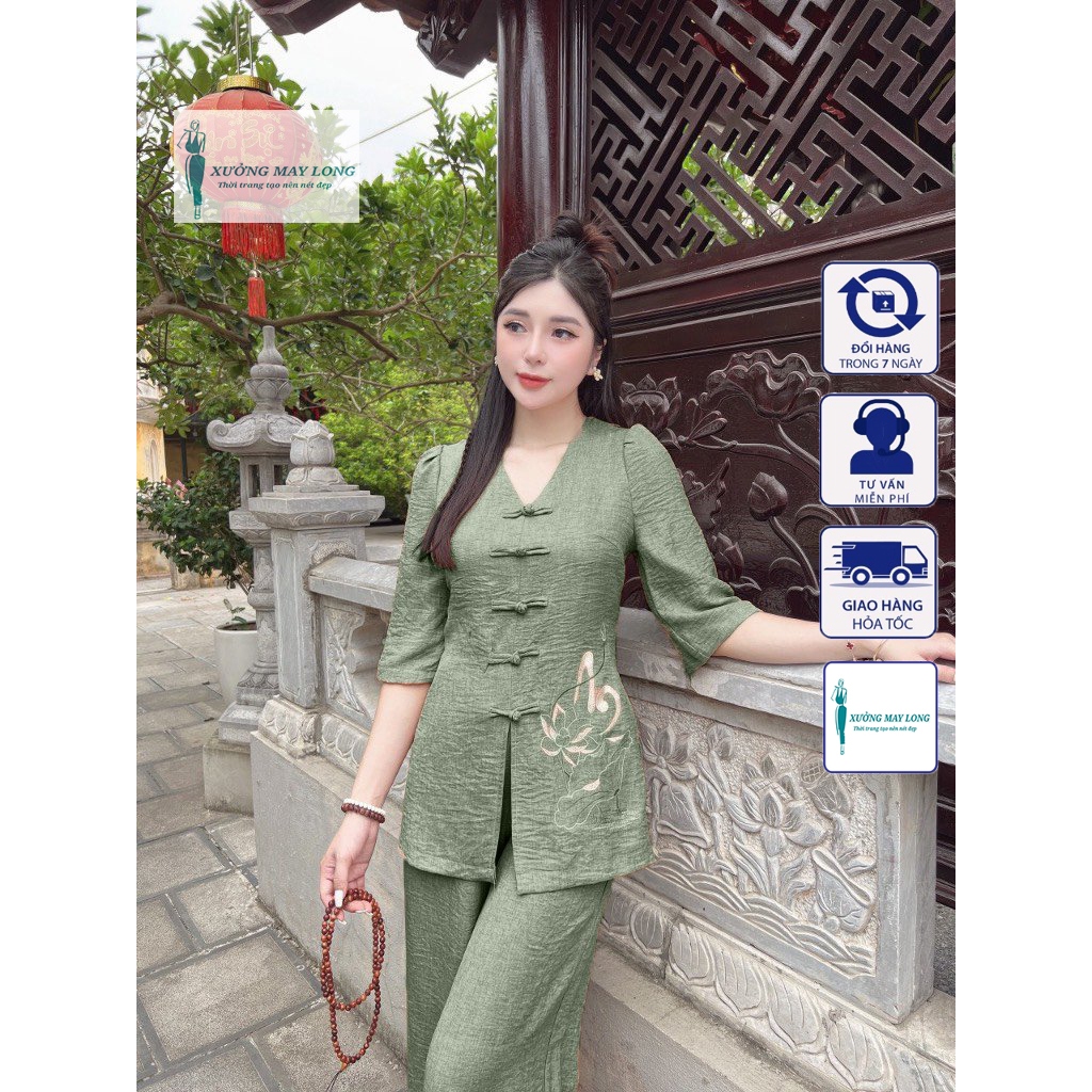 Sét Pháp Phục nữ   Đồ lam đi Chùa nữ thêu chữ An chất liệu đủi vân mây