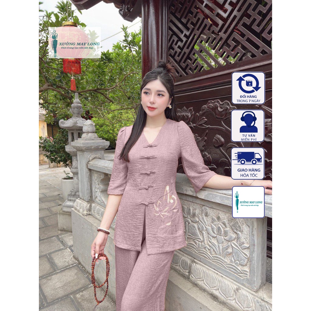 Sét Pháp Phục nữ   Đồ lam đi Chùa nữ thêu chữ An chất liệu đủi vân mây