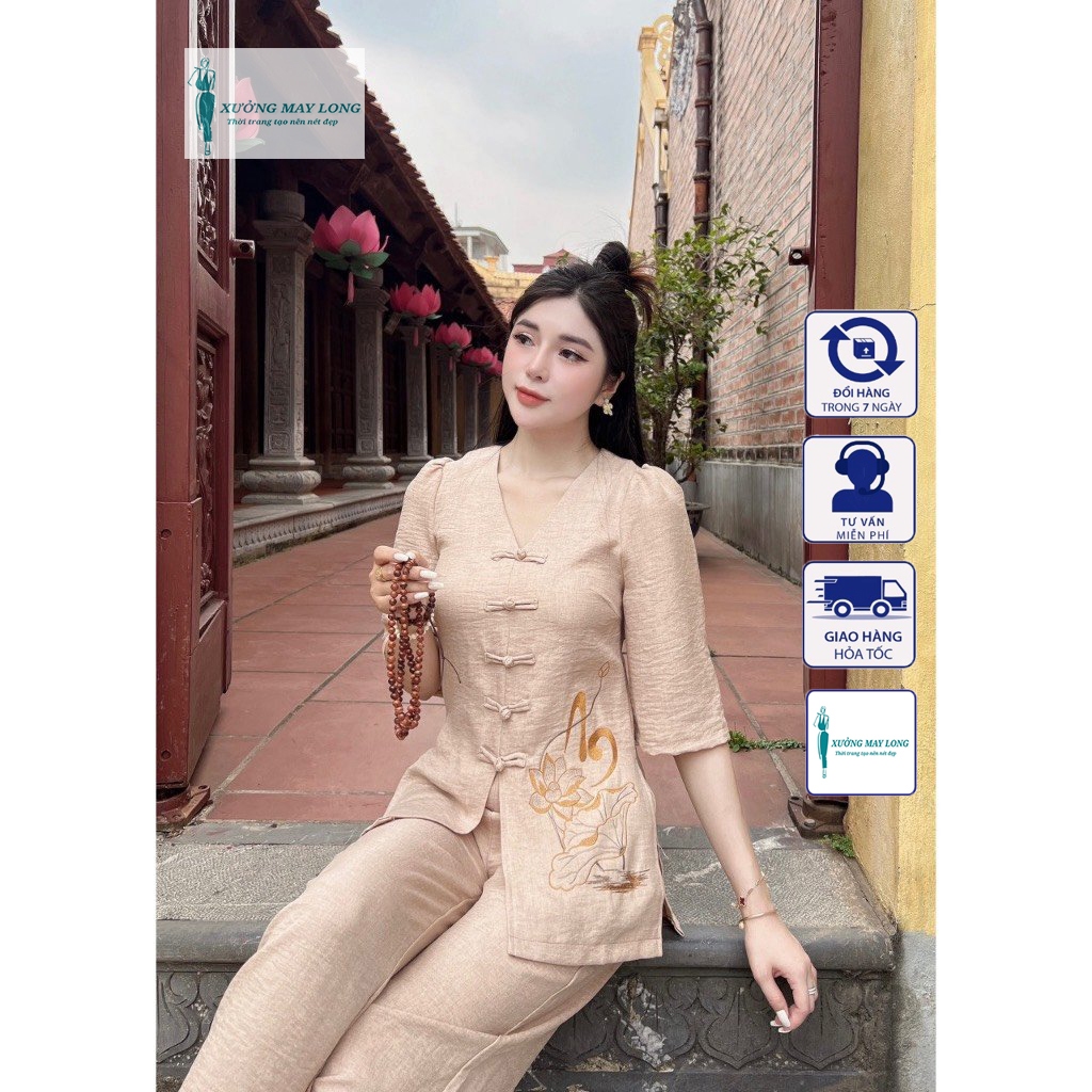 Sét Pháp Phục nữ   Đồ lam đi Chùa nữ thêu chữ An chất liệu đủi vân mây