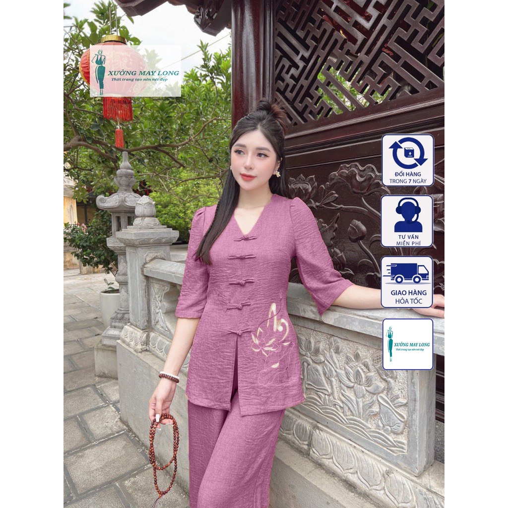 Sét Pháp Phục nữ   Đồ lam đi Chùa nữ thêu chữ An chất liệu đủi vân mây