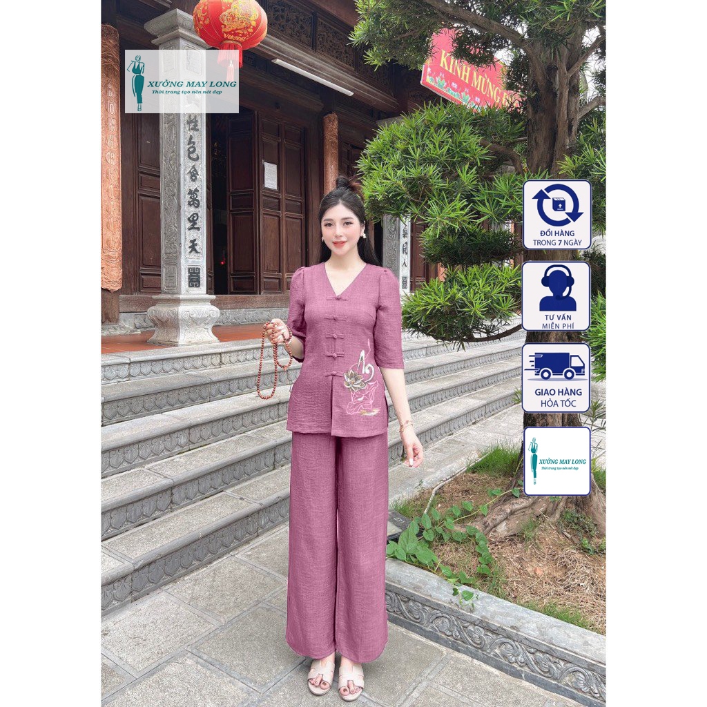 Sét Pháp Phục nữ   Đồ lam đi Chùa nữ thêu chữ An chất liệu đủi vân mây