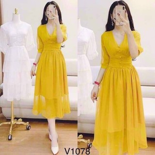 *Đầm thời trang nữ mặc đi dự tiệc chất liệu Voan 2 lớp cổ V tay lỡ nút bọc ôm eo xếp ly dài maxi