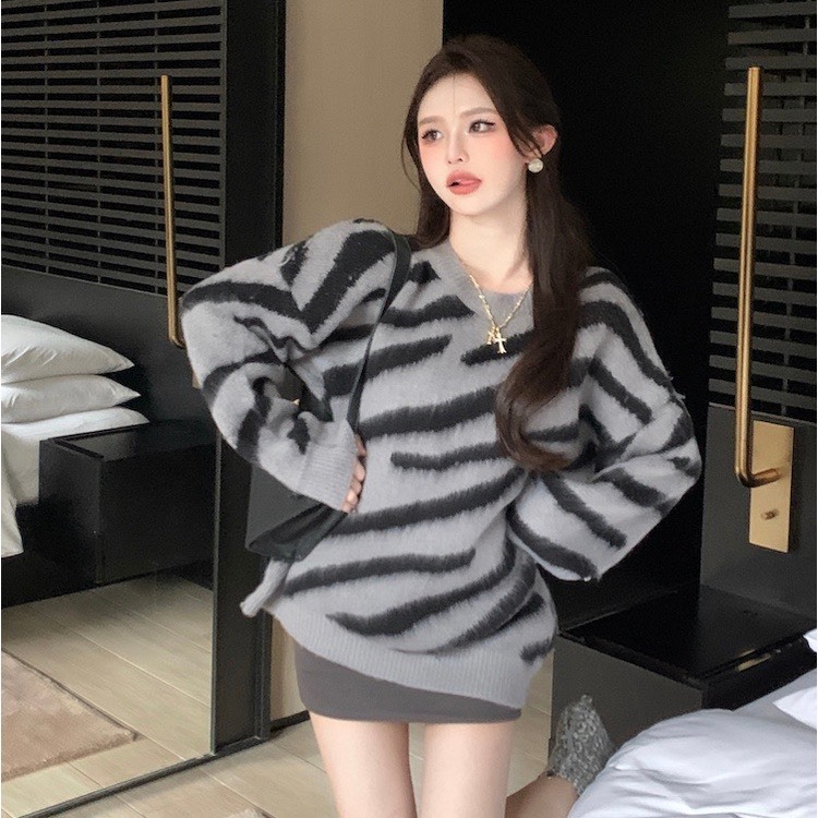 Áo Len Cardigan,Áo Douyin Vằn Lông xù QCCC