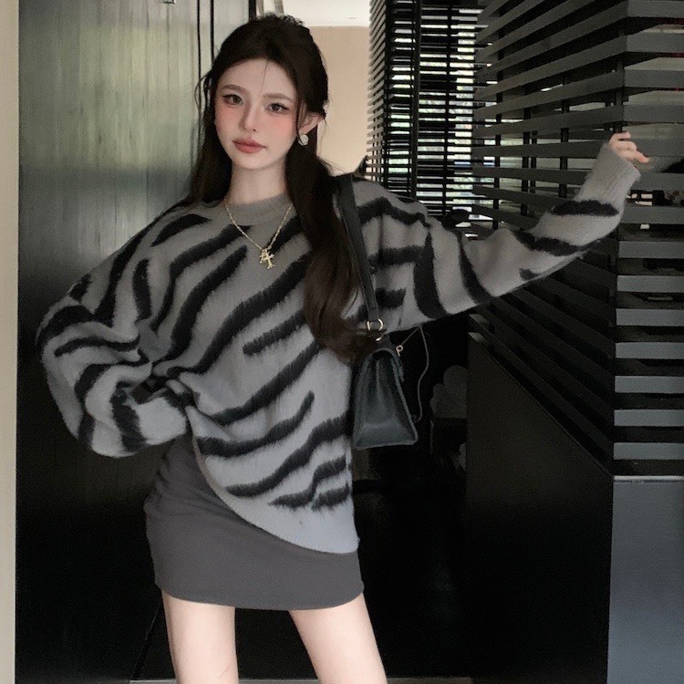 Áo Len Cardigan,Áo Douyin Vằn Lông xù QCCC