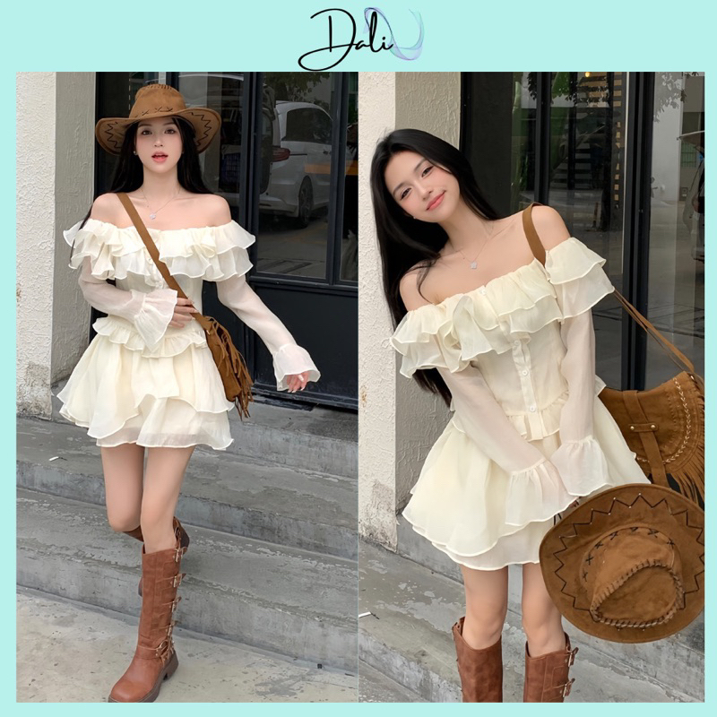 Set áo trễ vai bèo + chân váy 2 tầng chất liệu voan mềm mại, set bánh bèo xinh xắn dễ thương