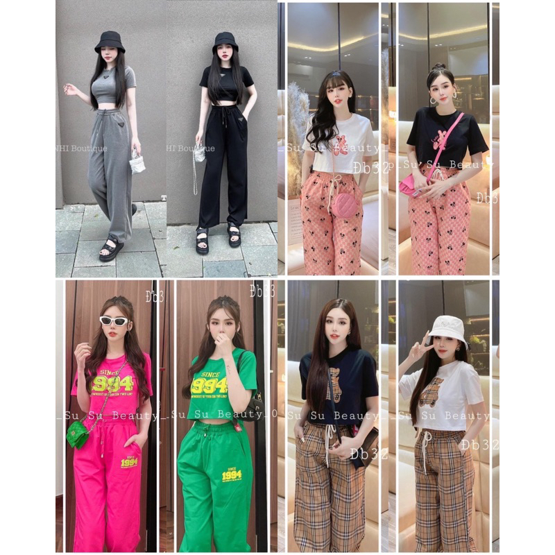 Set Bộ Áo Croptop Quần Dài bo gấu nhiều hình