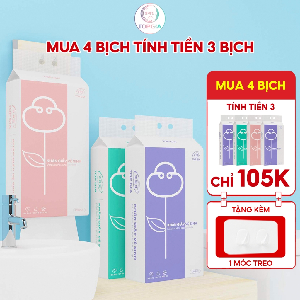 Khăn giấy vệ sinh Top Gia 3 màu, giấy vệ sinh 1280 tờ treo tường tiện lợi, siêu dai và mềm mịn