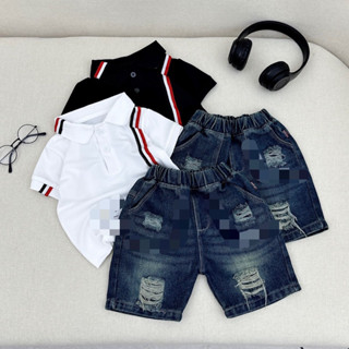 (8-25kg) sét bộ áo polo cộc tay phối quần jean đùi rách cho bé trai