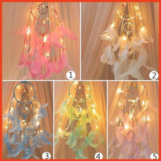 Dreamcatcher treo chuông gió trang trí 2 tầng gắn lông vũ trang trí kèm đèn phát sáng