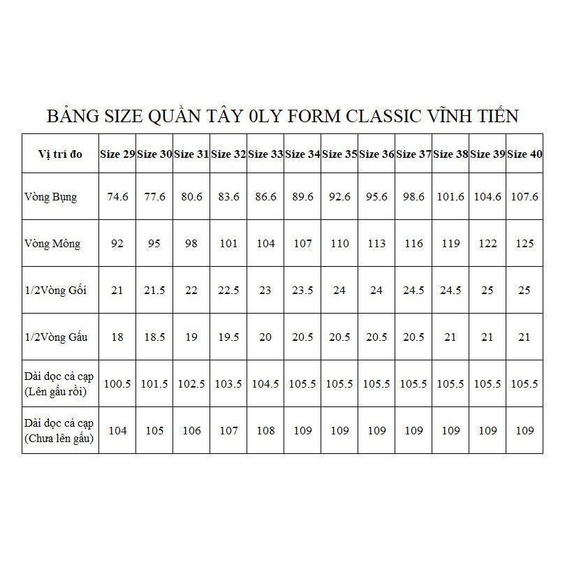 Quần Tây 0ly Size Đại Bigsize Vĩnh Tiến 499 - Nhiều Màu