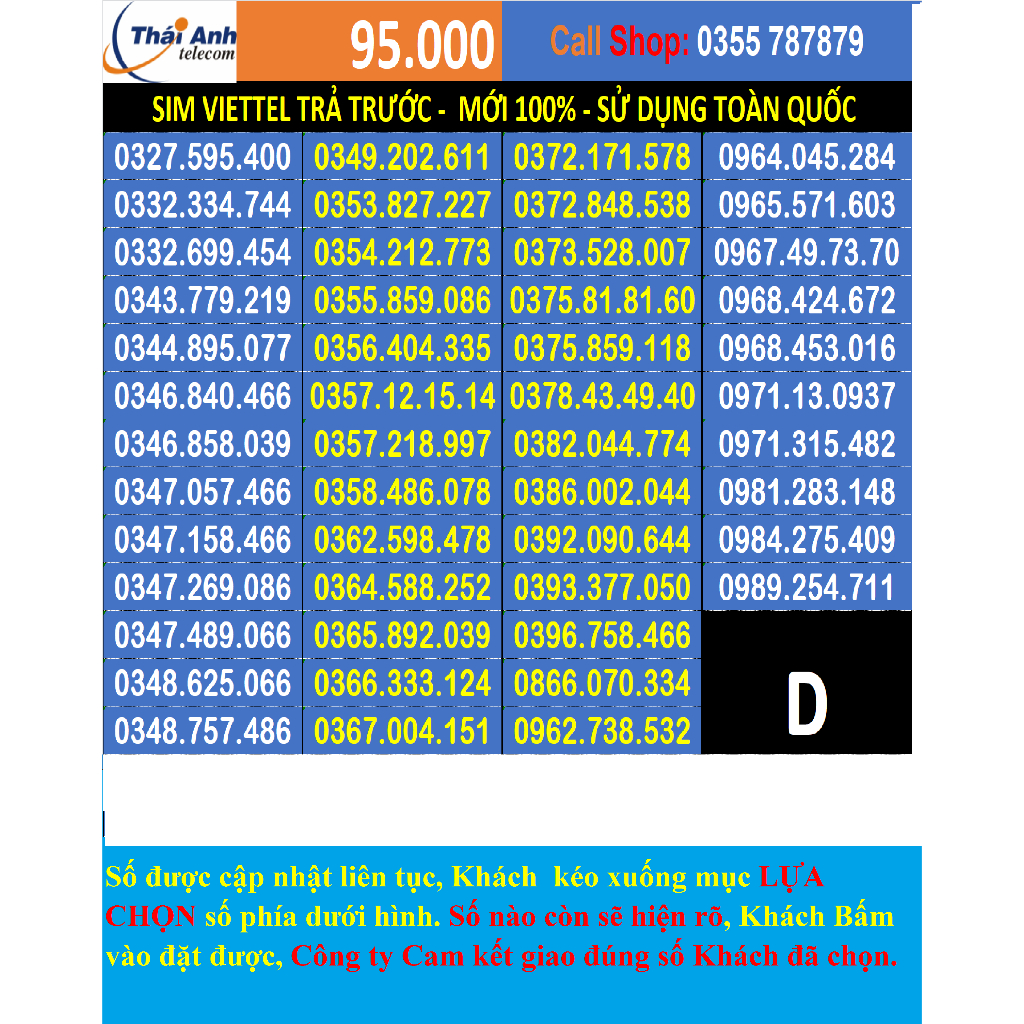 SIM ĐẸP VIETTEL TRẢ TRƯỚC - NGHE GỌI - 4G được CHỌN SỐ - GÓI CƯỚC MẶC ĐỊNH TOMATO đồng giá 129.000đ - list D