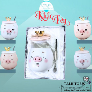 Cốc sứ HEO VƯƠNG MIỆN - KHẮC TÊN THEO YÊU CẦU, ly uống nước CÓ NẮP giữ nhiệt & THÌA, 400ml, HÔP QUÀ TẶNG in logo in hình