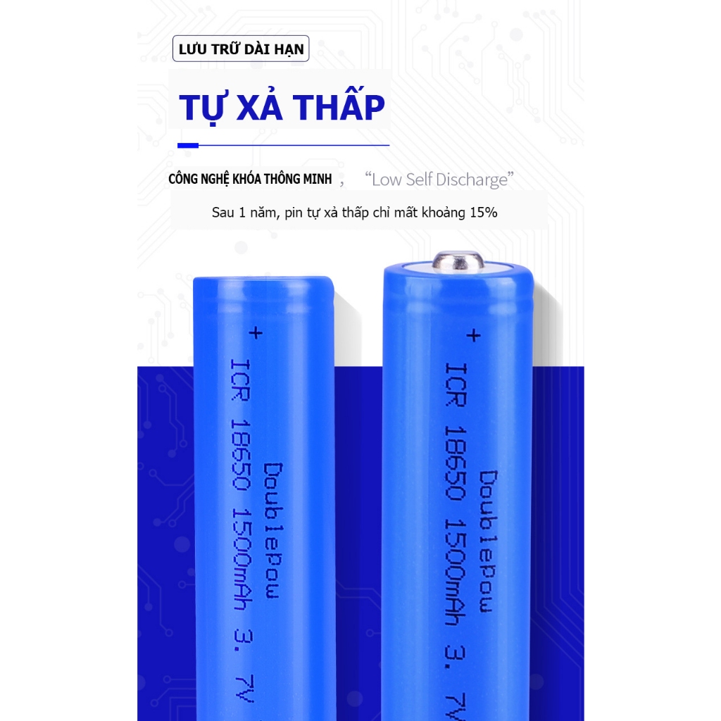 Pin 18650 Doublepow 1500mAh  có thể sạc lại, Pin Lithium 3,7V dùng cho đèn pin, quạt cầm tay, đóng máy khoan