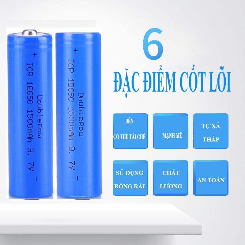 Pin 18650 Doublepow 1500mAh  có thể sạc lại, Pin Lithium 3,7V dùng cho đèn pin, quạt cầm tay, đóng máy khoan