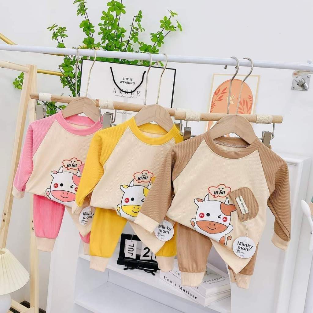 Bộ quần áo dài tay, thu đông, mặc điều hòa, chất thun tăm, in hình ngộ nghĩnh, cho bé trai, bé gái–BD03