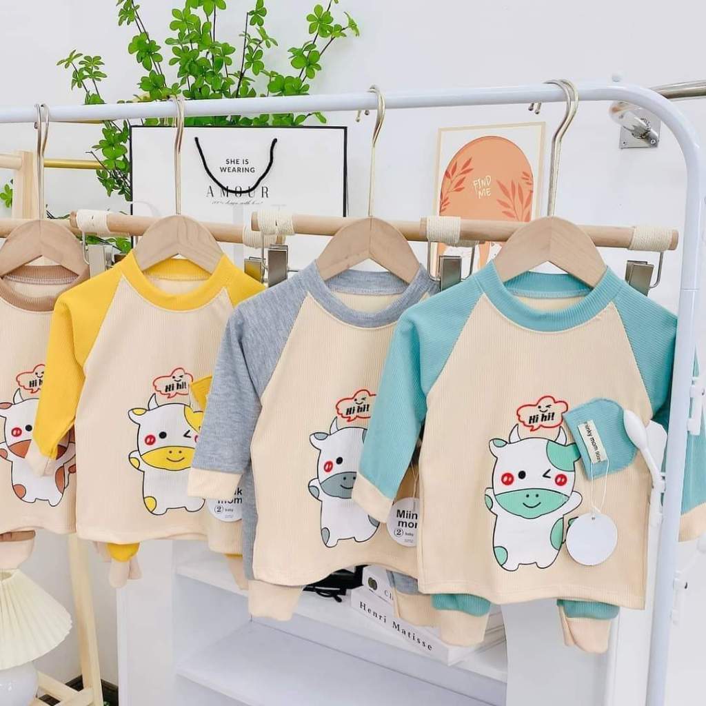 Bộ quần áo dài tay, thu đông, mặc điều hòa, chất thun tăm, in hình ngộ nghĩnh, cho bé trai, bé gái–BD03