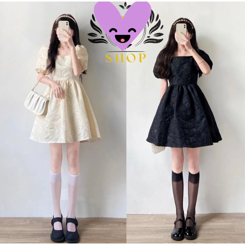 Váy Babydoll tay bồng công chúa Vintage, váy cổ vuông tay bồng cách điệu hở lưng buộc dây cao cấp