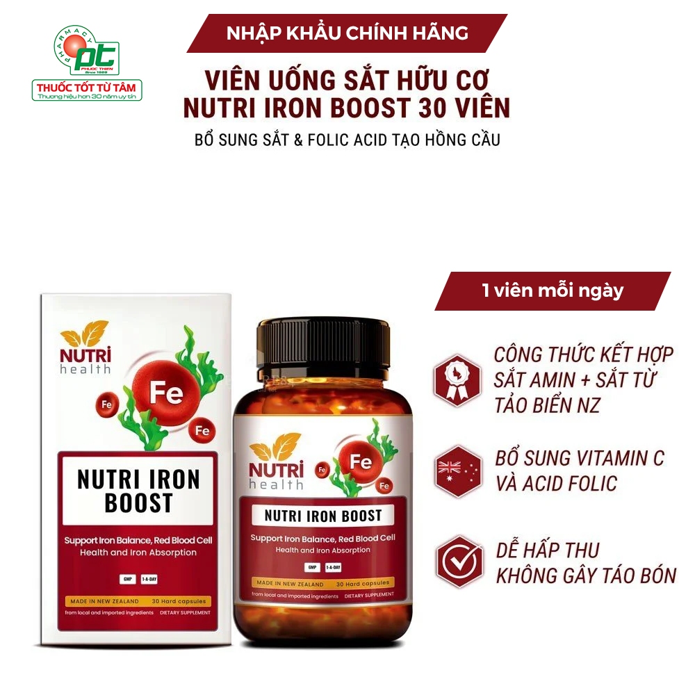Viên uống bổ máu bổ sung sắt acid folic hữu cơ NUTRI IRON BOOST lọ 30 viên