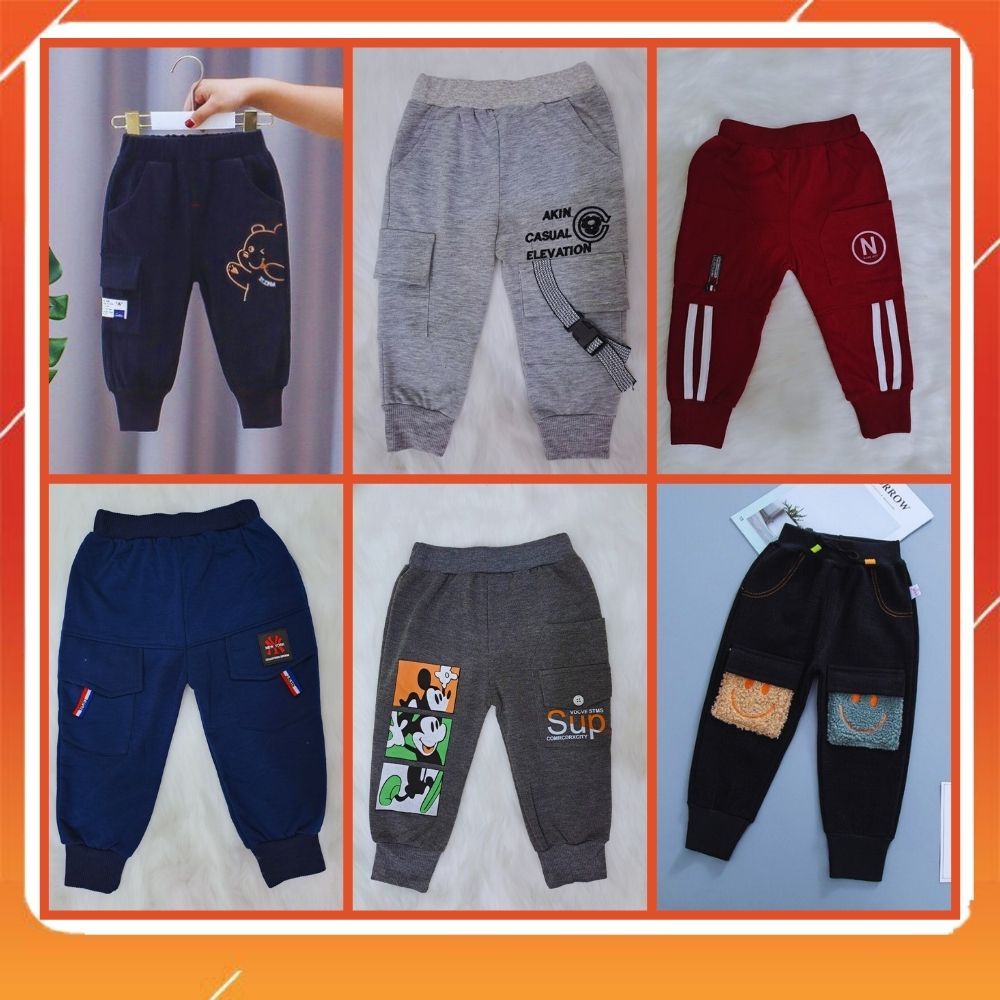 Quần nỉ bé trai  dài chất da cá 100% cotton bo gấu thêu mặt cưới mặc giữ ấm  cho bé từ 8 đến 16 kg lovelykid97.store.