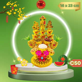 Tháp tỏi tài lộc ông địa đẹp, đĩa tỏi thần tài đậu ngũ sắc có đèn led - TỎI CÁT TƯỜNG
