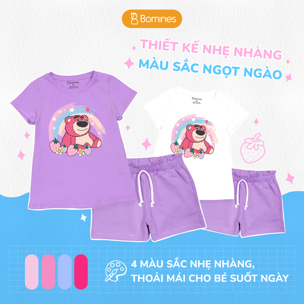 Đồ bộ bé gái Gấu dâu Lotso BOMINES quần ngắn thun cotton mùa hè cho bé 3- 10 tuổi, 12- 30kg DBSBGLOTSO