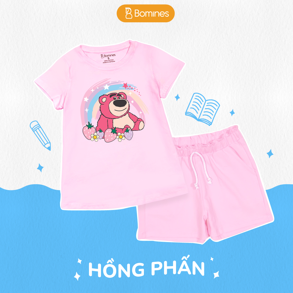 Đồ bộ bé gái Gấu dâu Lotso BOMINES quần ngắn thun cotton mùa hè cho bé 3- 10 tuổi, 12- 30kg DBSBGLOTSO