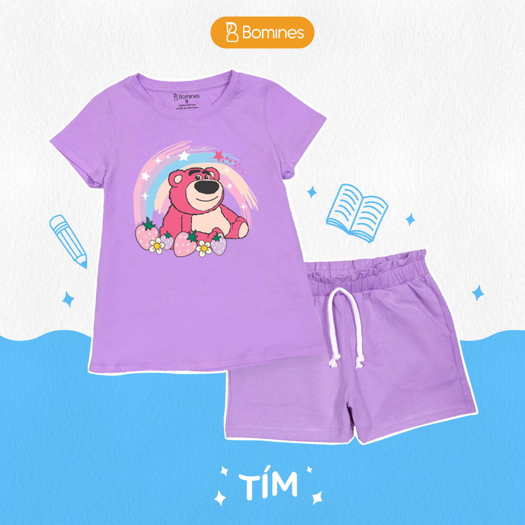 Đồ bộ bé gái Gấu dâu Lotso BOMINES quần ngắn thun cotton mùa hè cho bé 3- 10 tuổi, 12- 30kg DBSBGLOTSO