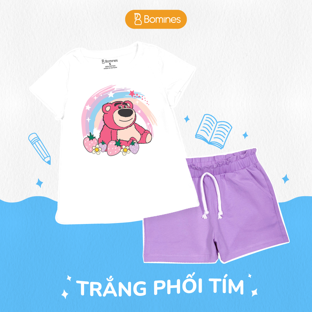 Đồ bộ bé gái Gấu dâu Lotso BOMINES quần ngắn thun cotton mùa hè cho bé 3- 10 tuổi, 12- 30kg DBSBGLOTSO