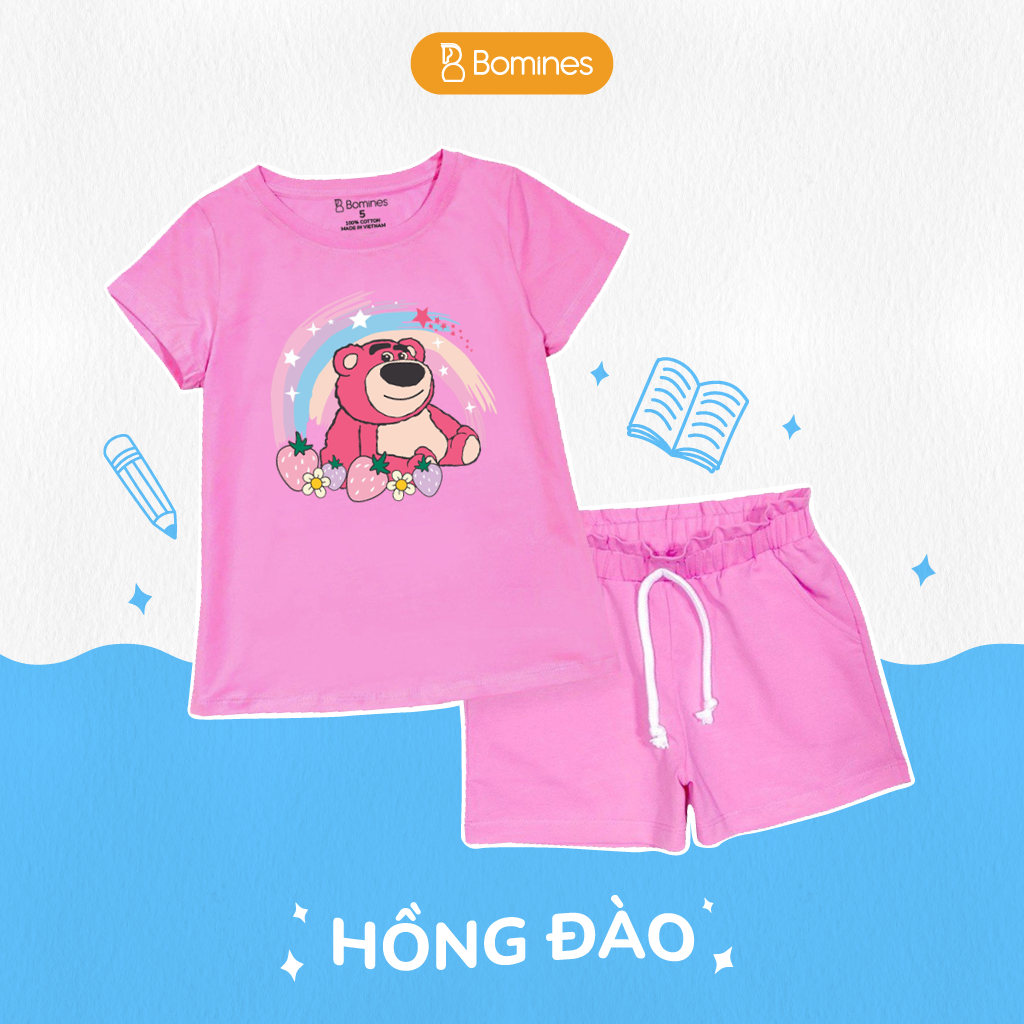Đồ bộ bé gái Gấu dâu Lotso BOMINES quần ngắn thun cotton mùa hè cho bé 3- 10 tuổi, 12- 30kg DBSBGLOTSO