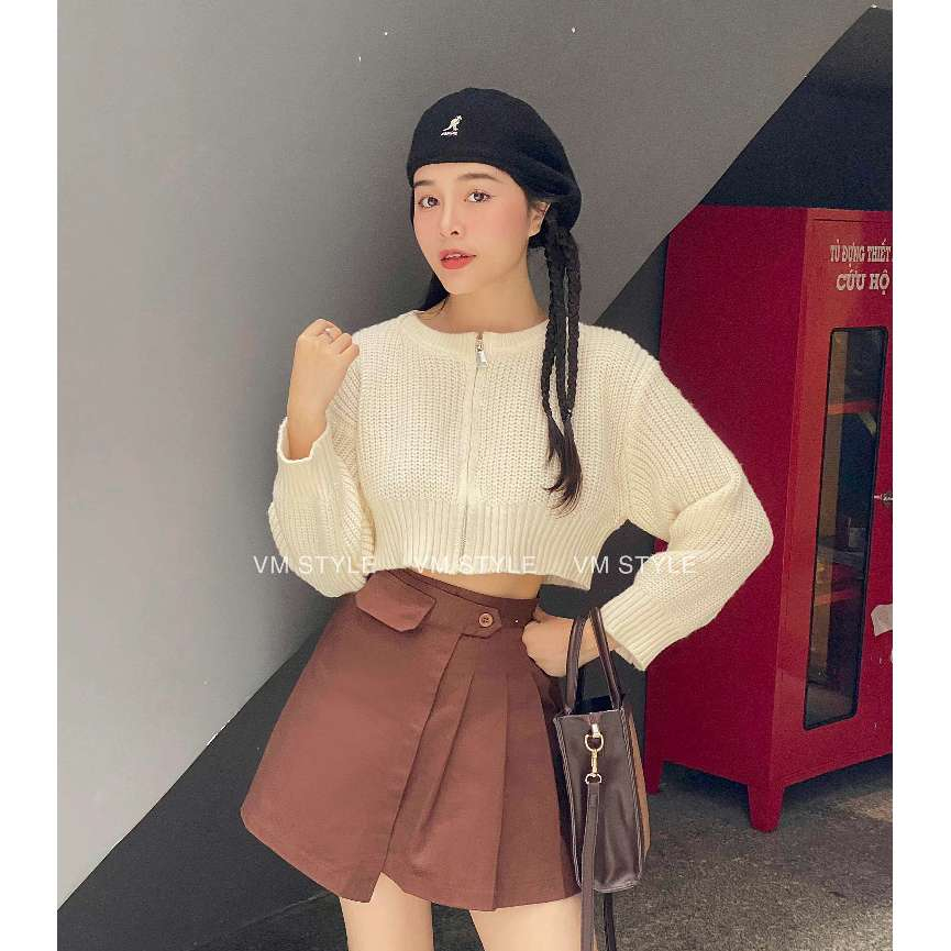 Áo khoác len nữ VMSTYLE cardigan croptop trơn tay dài dây kéo basic đi làm, đi chơi thời trang thu đông 1015 - KLU00033