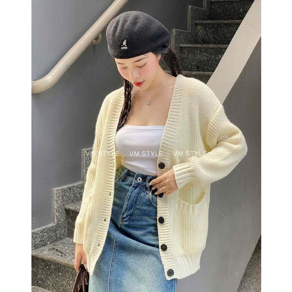 Áo khoác len nữ VMSTYLE cardigan trơn tay dài 2 túi hộp trước form rộng basic, dịu dàng đi chơi, dạo phố 1197 - KLU00034