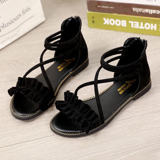 Sandal nữ đi học đế bệt quai nhúng phong cách harajuku dây chéo móc khóa dễ thương